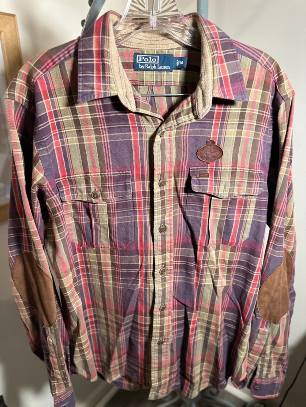 Vintage Polo Ralph Lauren Men’s Size Medium Plaid Button Up Shirt Elbow Pads